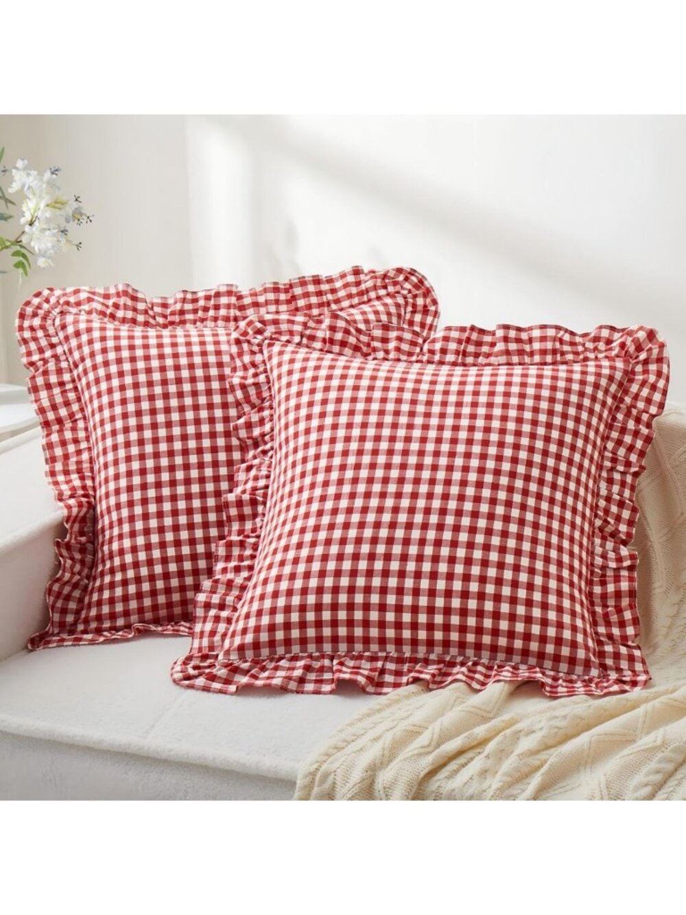 Ruffle Gingham Pillow Covers Set of 2, 20"x20", Red Plaid Decorative Cushions